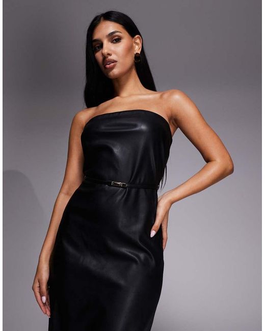 River Island Blue Faux Leather Bandeau Dress With Skinny Belt
