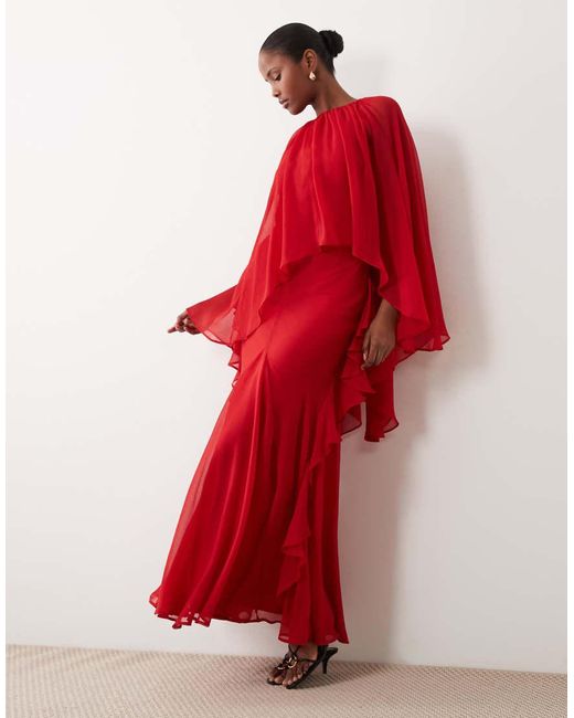 ASOS Red Full Cape Sleeve Maxi Dress With Ruffles