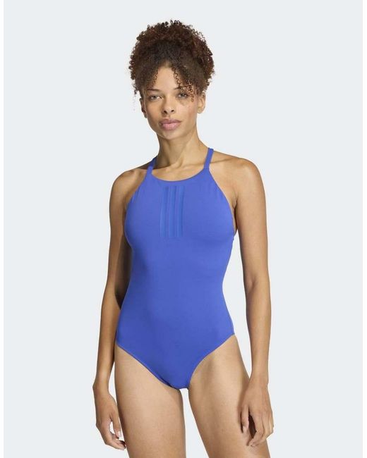 Adidas Originals Blue 3-Stripes High Neck 2-Way Straps Peachsoft Swimsuit