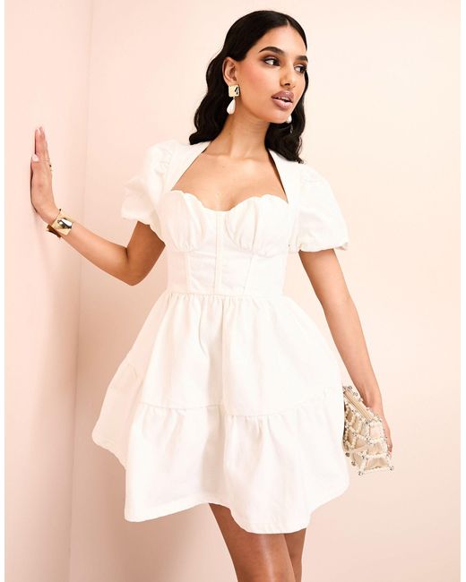 ASOS Natural Puff Sleeve Corsetted Mini Skater Dress