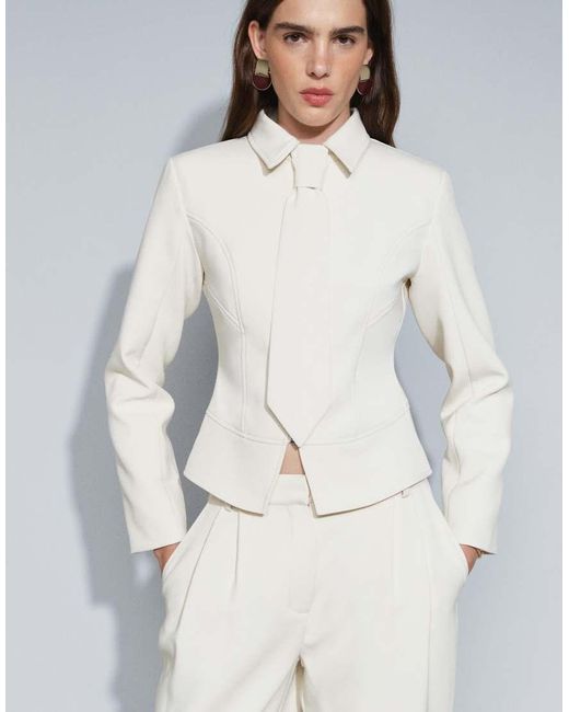 Wanderdoll Natural Gabriella Tie Detail Padded Shoulder Fitted Shirt Co-ord