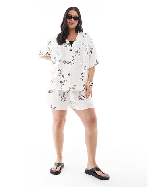 Asos design curve - chemise d'ensemble en lin mélangé à imprimé esquisses et manches courtes ASOS en coloris White