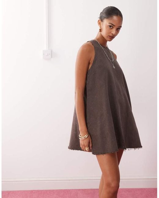 Monki Brown Sleeveless A Line Mini Dress With Frayed Edge