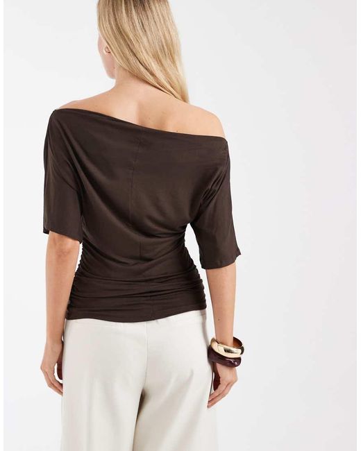 Noisy May Brown Boatneck Top With Ruched Detail