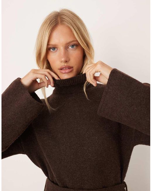 Pretty Lavish Brown Knitted Tie Waist Roll Neck Leg Split Midaxi Dress