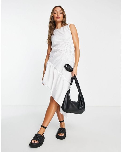 TOPSHOP White Seersucker Contrast Stitch Midi Dress