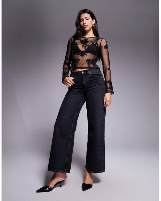 ASOS Blue Embroidered Sequin Floral Mesh Long Sleeve Top With Drip Bead Detail