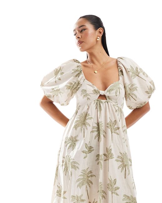 New Look Natural Palm Print Puff Sleeve Midi Dress