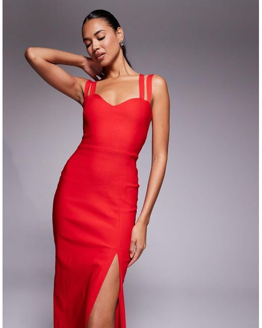 Vesper Red Bengaline Strappy Sweetheart Neck Maxi Dress