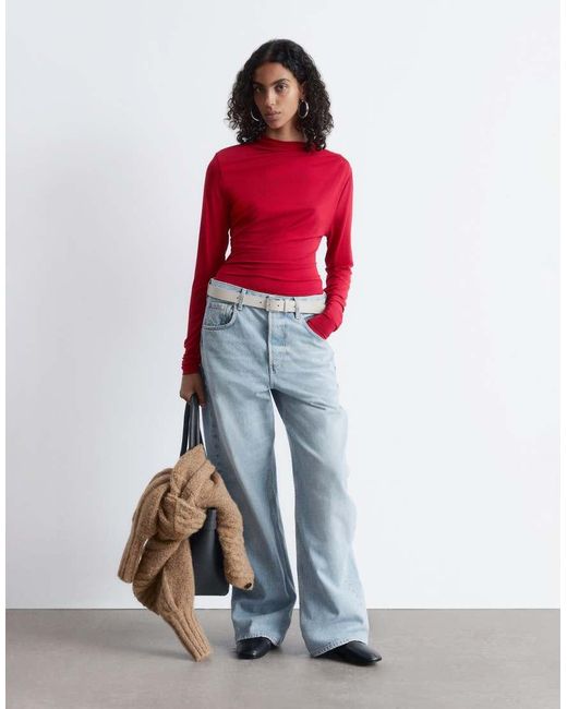 & Other Stories Red Asymmetric Ruched Long Sleeve Jersey Top