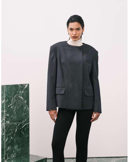 ASOS Blue Tailored Strong Shoulder Collarless Blazer