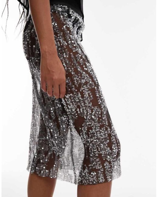 ASOS Sheer Sequin Mesh Knee Length Midi Skirt in Black | Lyst UK