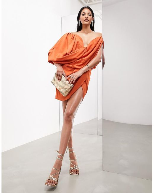 ASOS Orange Memory Draped Structure Off Shoulder Mini Dress