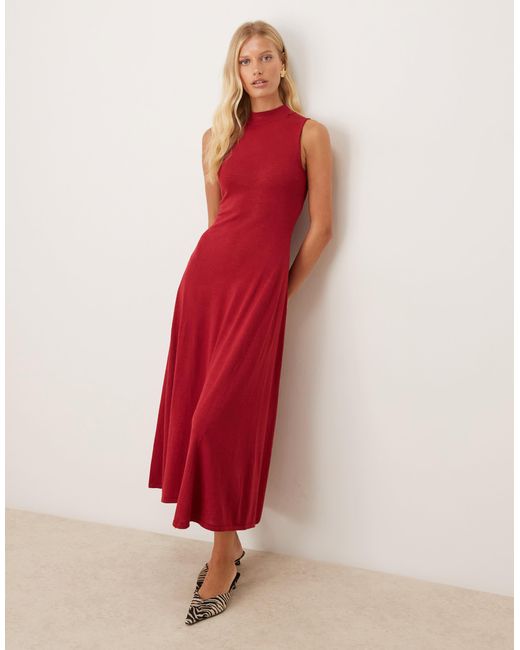 Mango Women's Red High Neck Compated Knit Midi Dress With Pleat Hem