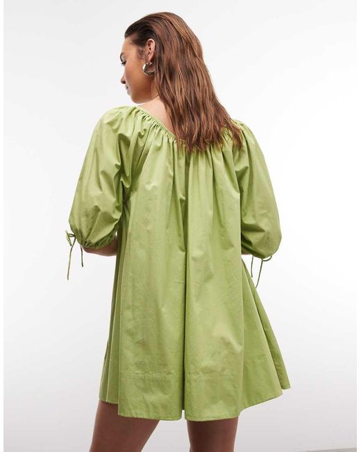 ASOS Green Scoop Neck Poplin Mini Dress With Tie Sleeves