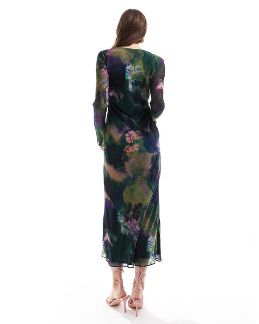 ASOS Blue – langärmliges midikleid mit gebundener vorderseite, grunge-blumenmuster und rock mit bias-cut