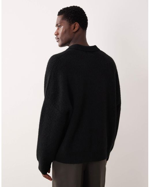ASOS Black Super Oversized Boxy Fit Knitted Fisherman Rib Notch Neck Jumper for men