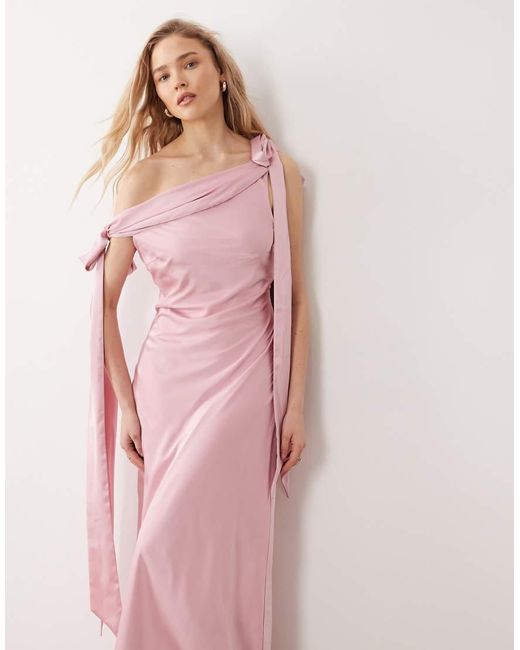 TFNC London Pink Bridesmaids Fallen Shoulder Satin Maxi Dress