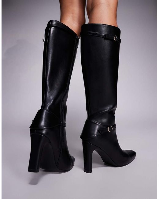 Public Desire Black Public Desire Poppy Wide Fit Heeled Knee Boots With Buckle Detail