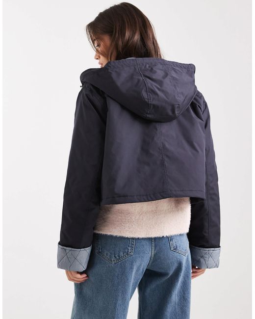 ASOS Blue Hooded Cropped Jacket With Gingham Lining