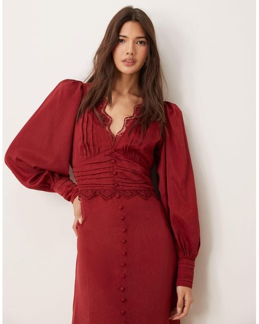 Miss Selfridge Red Satin Jacquard Button Through Lace Trim Midi Dress