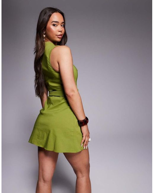 ASOS Green Bengaline Mini Dress With Wrap Around Button Belt