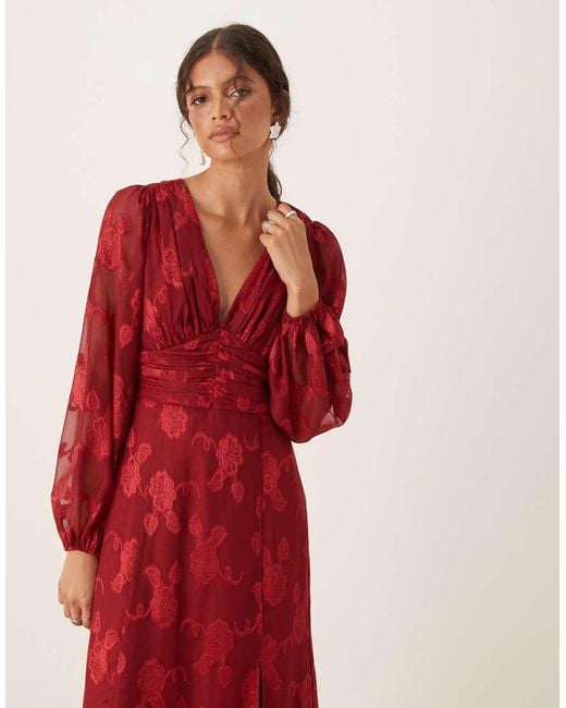 Maya Red Floral Jacquard Blouson Sleeve Maxi Dress