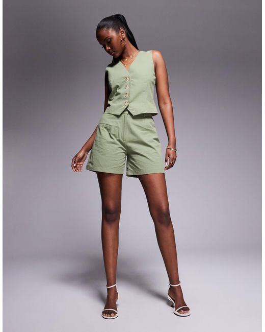 Exclusivité - - short d'ensemble en coton aspect lin - sauge Kaiia en coloris Green