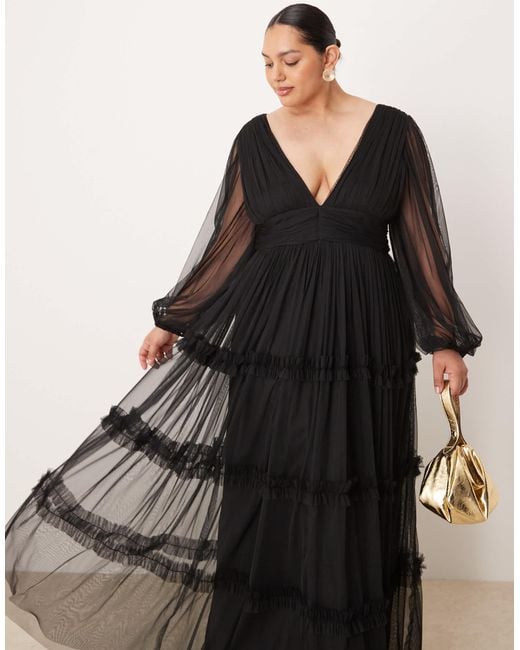 Lace & Beads Plus Black Boho Ruffle Maxi Dress
