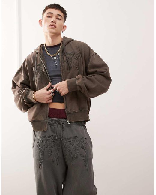 Weekday Brown Boxy Fit Zip Through Hoodie With Destiny Embroidery for men