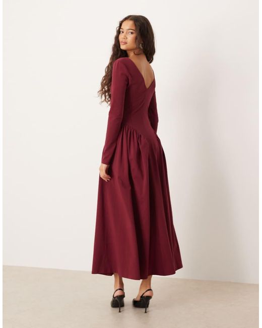 ASOS Red V-neck Long Sleeve Waisted Midi Dress