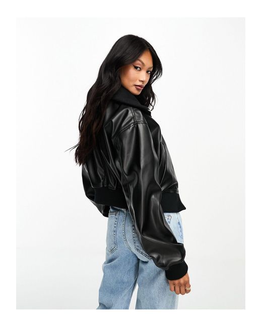 ASOS Faux Leather Crop Bomber Jacket in Blue | Lyst Canada