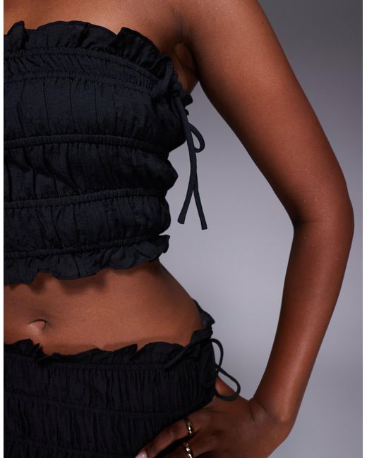 Wanderdoll Blue Soulie Linen Look Ruffle Trim Tie Detail Shirred Bandeau Top Co-ord