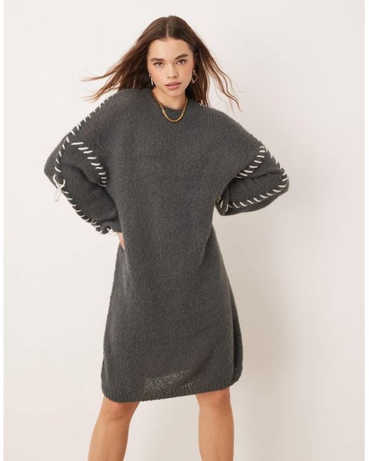 Vila Gray Knitted Jumper Mini Dress With Contrast Stitch
