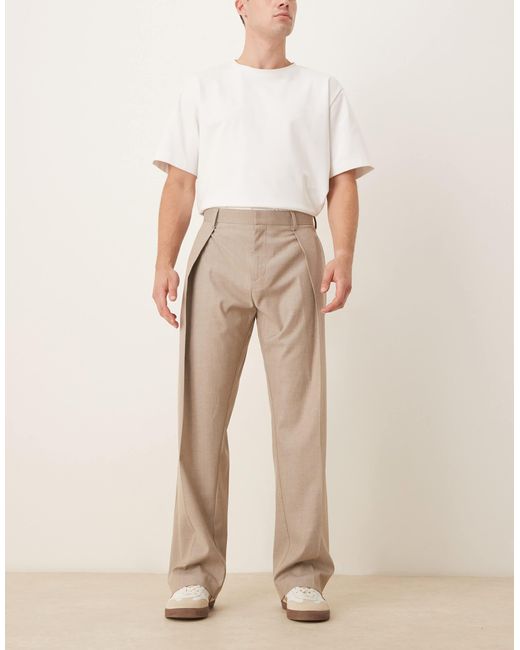 ASOS Natural Smart Wide Leg Trousers With Front Deep Pleat for men