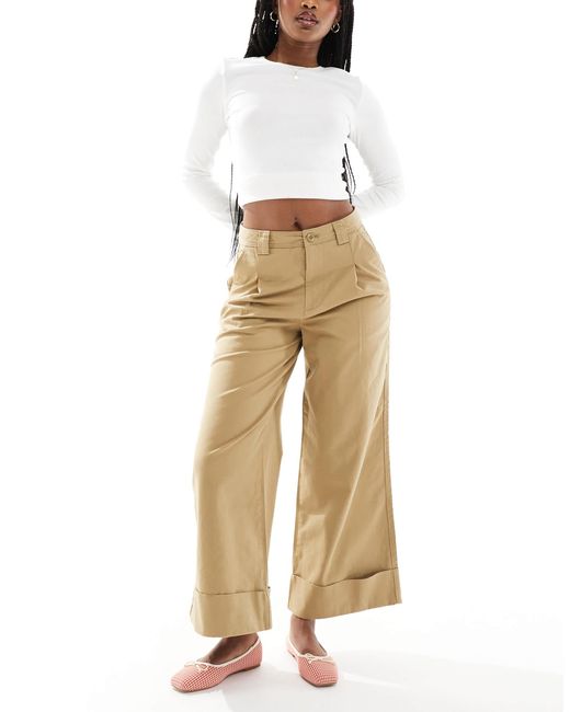 ASOS Natural Brushed Wide Leg Turn Up Ankle Grazer