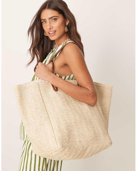 ASOS Natural Straw Oversized Tote Bag With Pu Handles-neutral