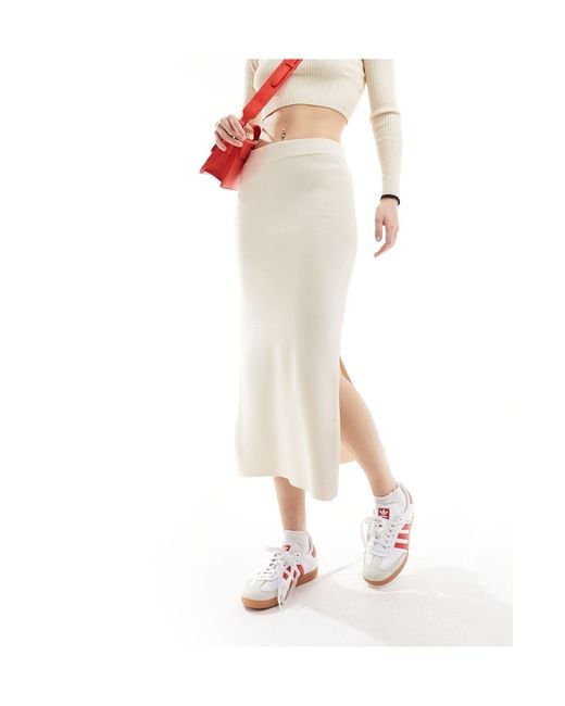 Mango White Knitted Midi Slit Skirt