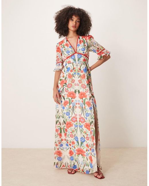 Hope & Ivy Multicolor Frill Sleeve Thigh Split Open Back Maxi Dress