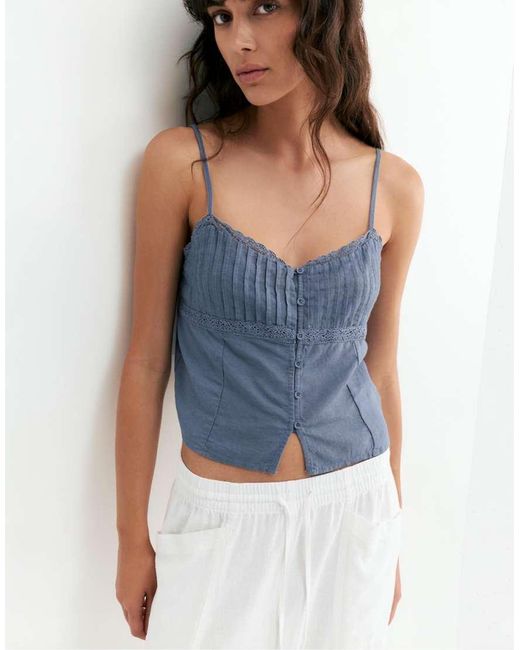 Pull&Bear Blue Lace-Trimmed Camisole Crop Top