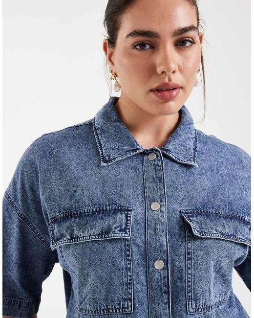 Noisy May Blue Short Sleeve Cropped Shirt Co-ord