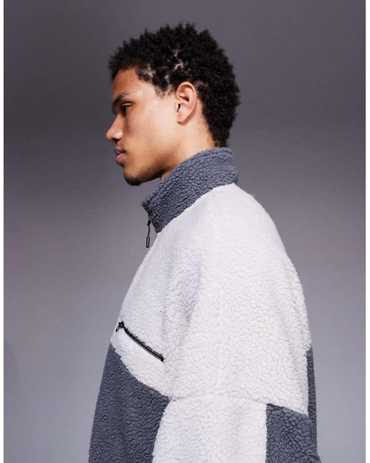 ASOS Blue Relaxed Funnel Neck Zip Through Borg Sweatshirt for men