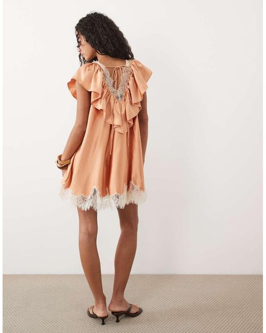 ASOS Brown V Neck Satin Ruffle Mini Dress With Lace Trim