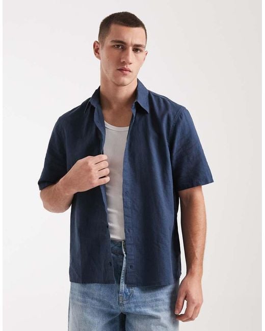 Hollister Blue Short Sleeve Linen Blend Shirt for men