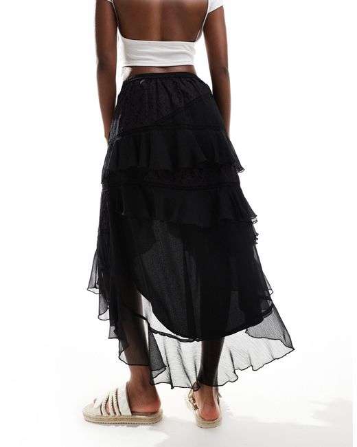 Miss Selfridge Black Chiffon Lace Mix Ruffle Maxi Skirt