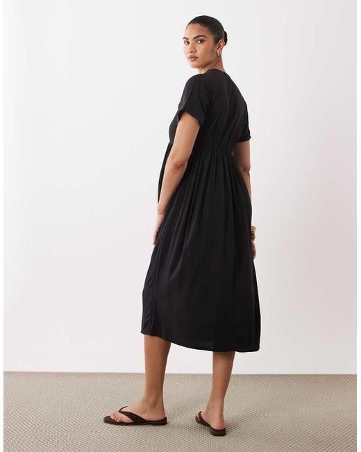 Mama.licious Black Mamalicious Maternity Lace Trim Ruched Front Midi Tea Dress