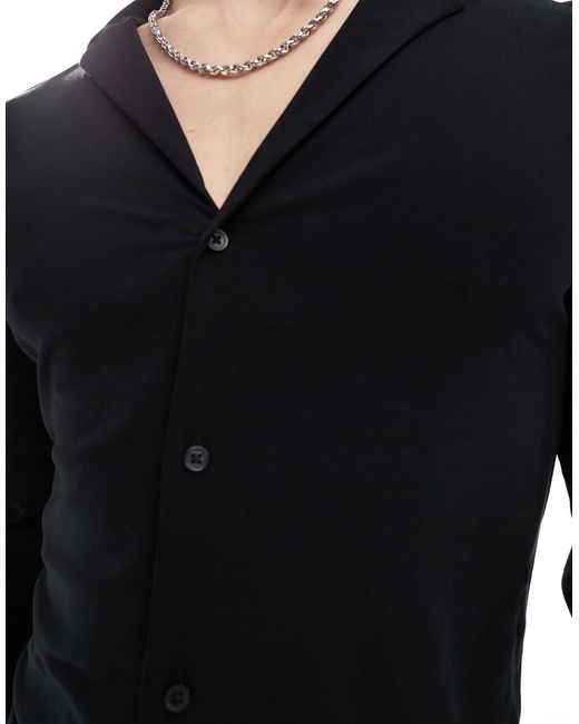 ASOS Black Muscle Fit Viscose Shirt With Deep Revere Collar for men