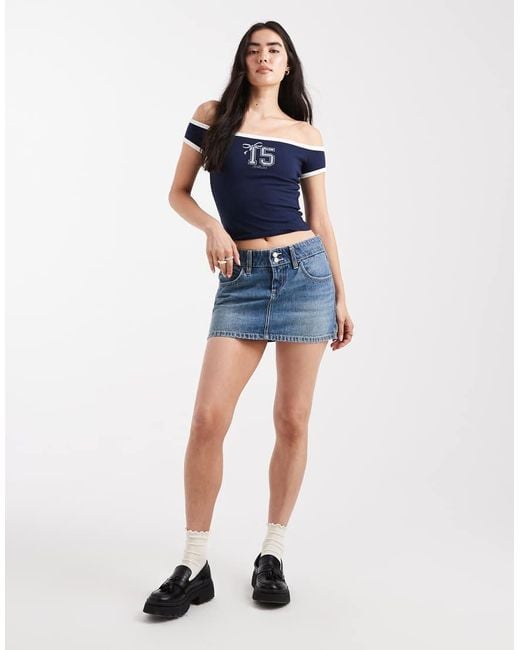 Hollister Blue Short Sleeve Off The Shoulder Graphic T-shirt
