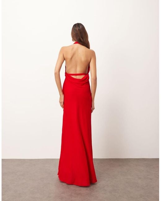 ARRANGE Red Halter Neck Plunge Velvet Maxi Dress With Tie Detailing