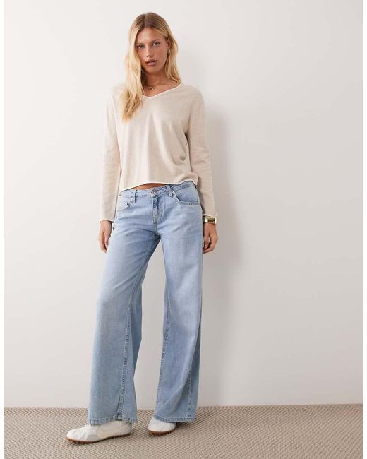 Mango Blue Teen V Neck Jumper With Contrast Trim